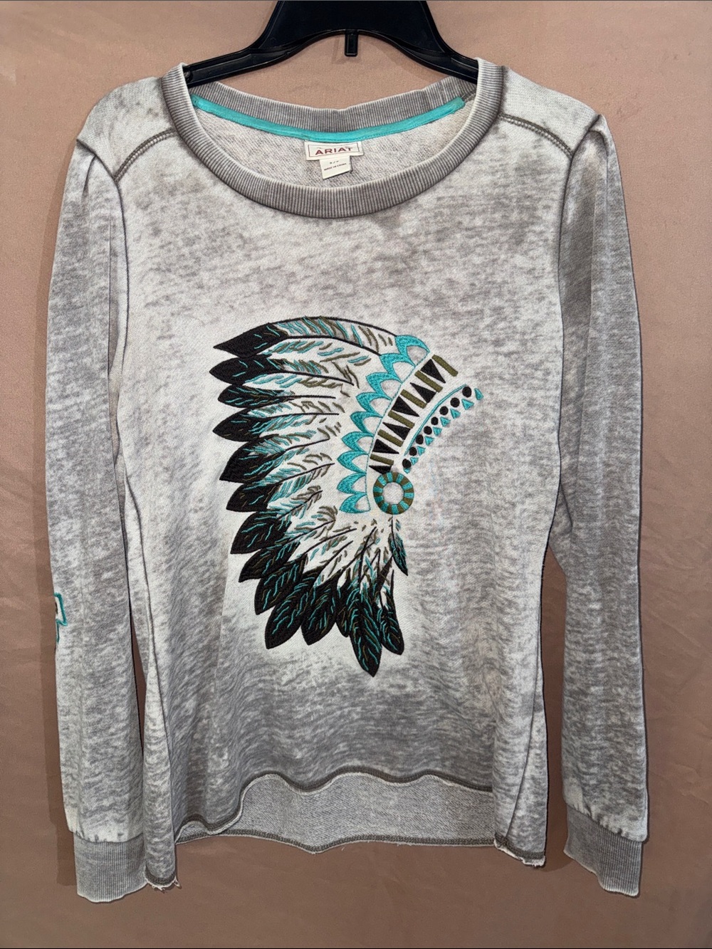 NWOT Ariat Grey Acid Washed Long Sleeve with Turquoise & Black Headdress Small